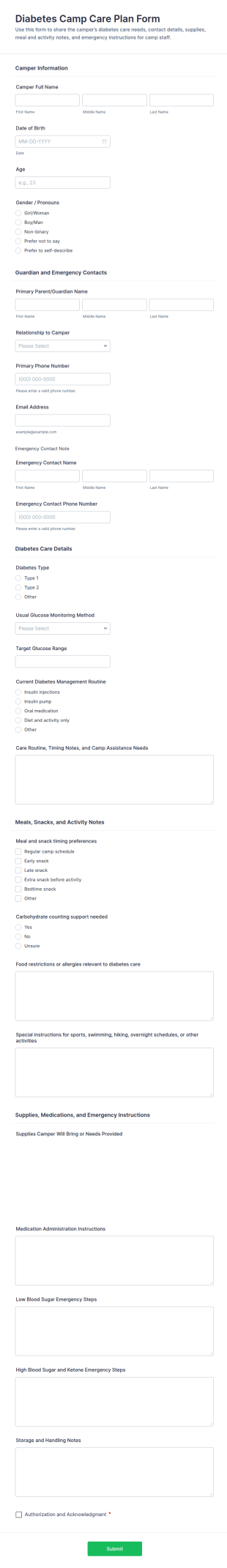 Diabetes Camp Care Plan Form Template