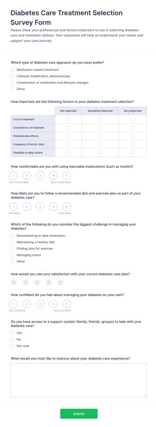 Diabetes Care Treatment Selection Survey Form Template