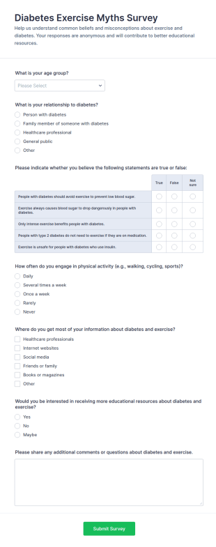 Diabetes Exercise Myths Survey Form Template