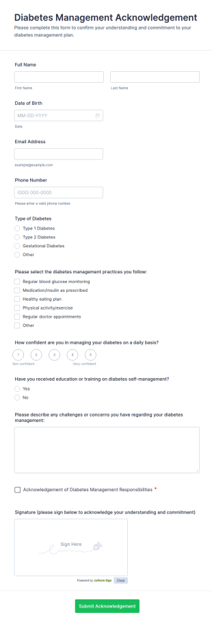 Diabetes Management Acknowledgement Form Template