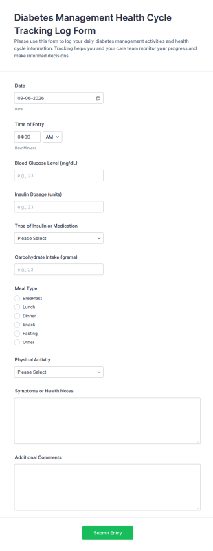 Diabetes Management Health Cycle Tracking Log Form Template