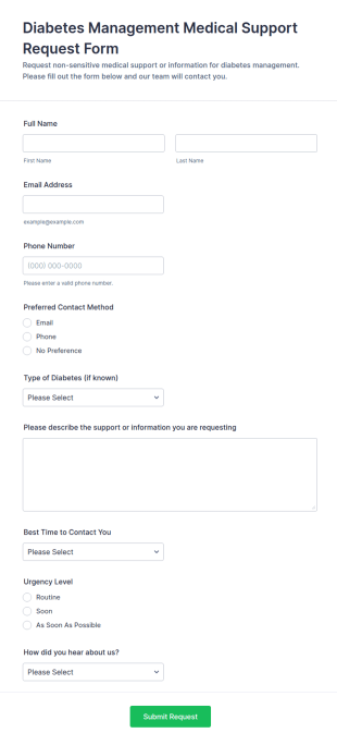 Diabetes Management Medical Support Request Form Template
