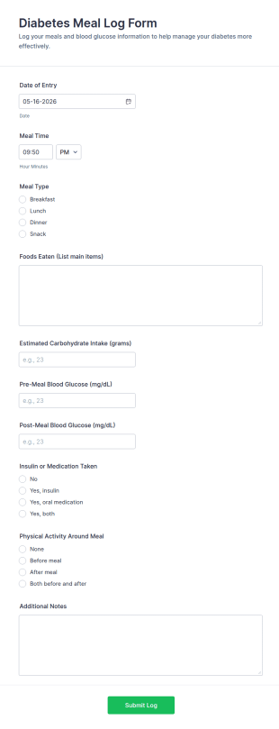 Diabetes Meal Log Form Template