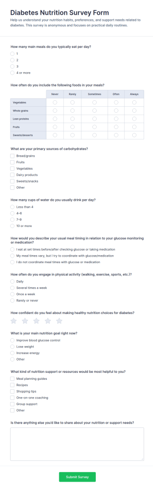 Diabetes Nutrition Survey Form Template