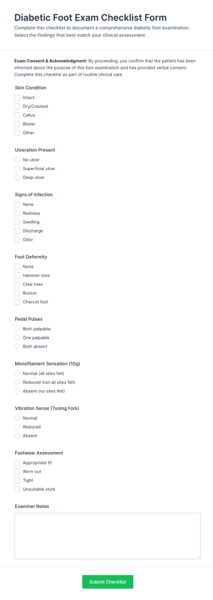Diabetic Foot Exam Checklist Form Template