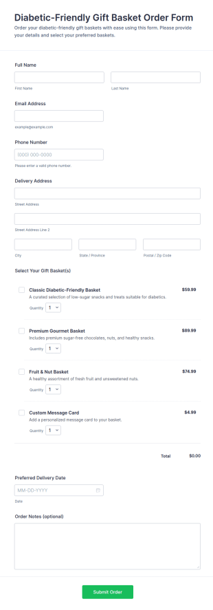 Diabetic Friendly Gift Basket Order Form Template