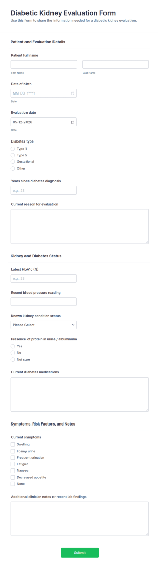 Diabetic Kidney Evaluation Form Template