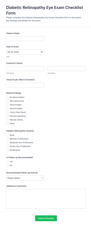 Diabetic Retinopathy Eye Exam Checklist Form Template