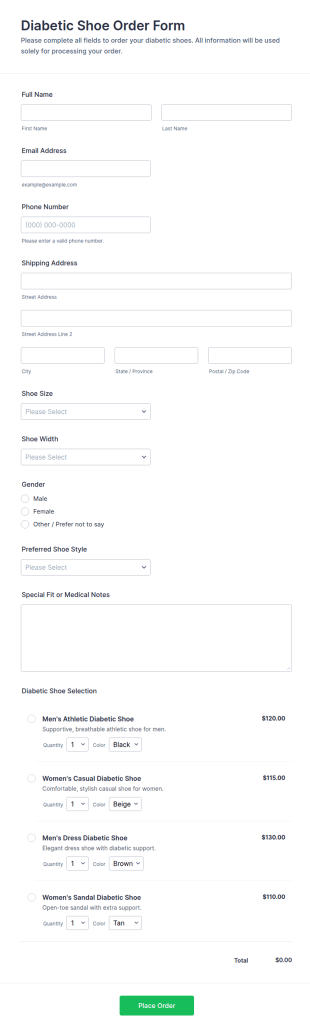 Diabetic Shoe Order Form Template