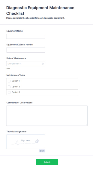 Diagnostic Equipment Maintenance Checklist Form Template