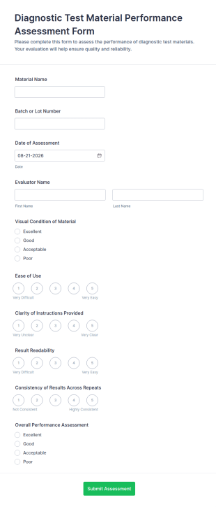Diagnostic Test Material Performance Assessment Form Template