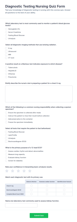 Diagnostic Testing Nursing Quiz Form Template