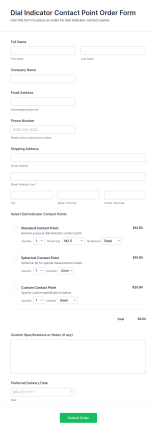 Dial Indicator Contact Point Order Form Template