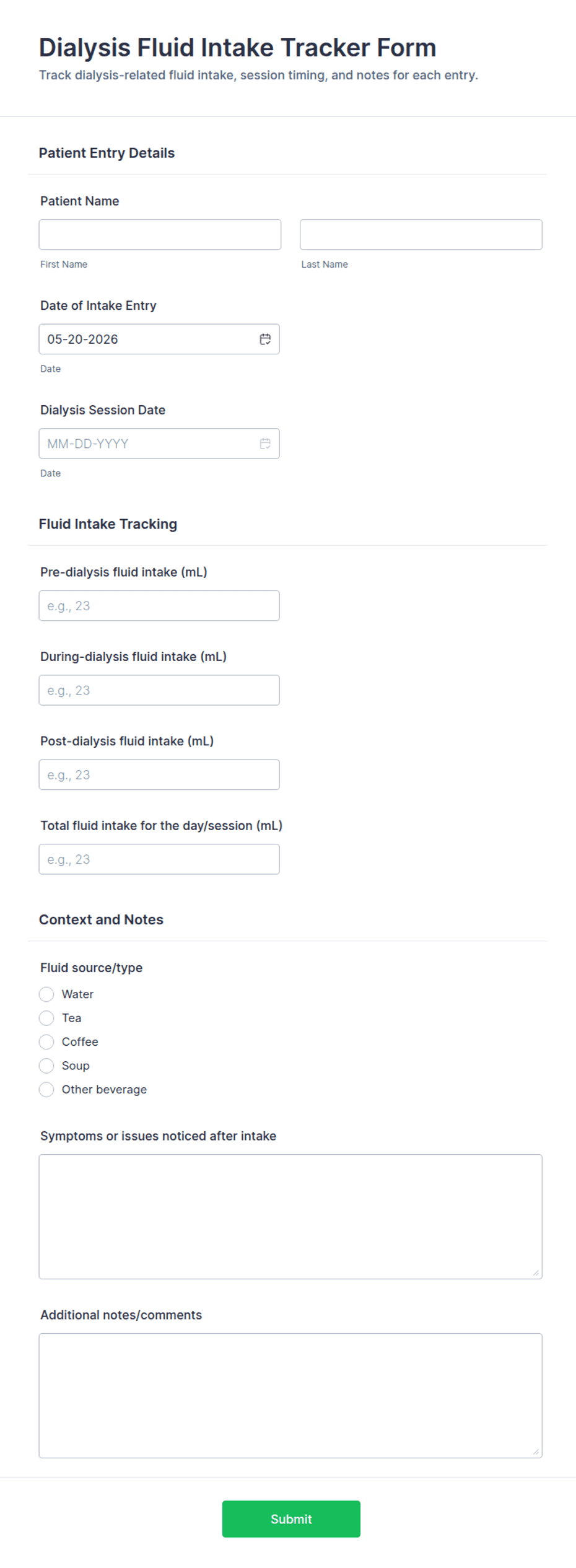 Dialysis Fluid Intake Tracker Form Template | Jotform