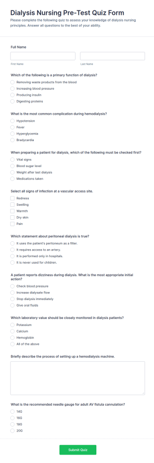 Dialysis Nursing Pre Test Quiz Form Template