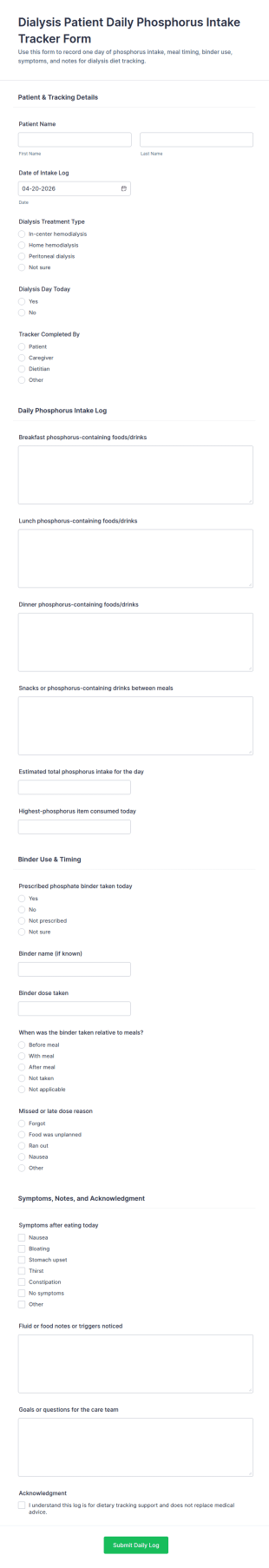 Dialysis Patient Daily Phosphorus Intake Tracker Form Template
