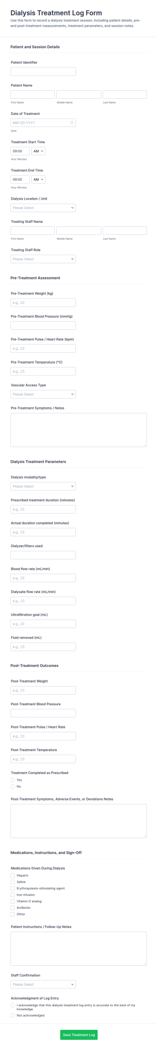Dialysis Treatment Log Form Template