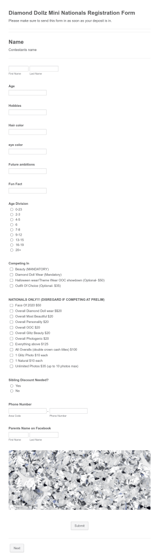 Diamond Dollz Mini Nationals Registration Form Template