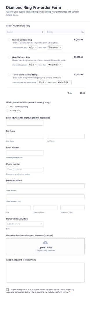 Diamond Ring Pre Order Form Template