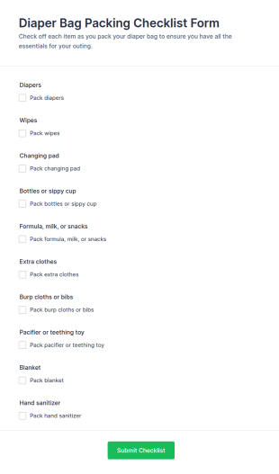 Diaper Bag Packing Checklist Form Template