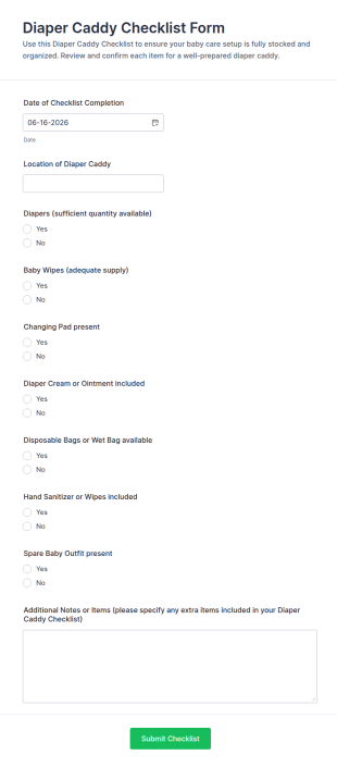 Diaper Caddy Checklist Form Template