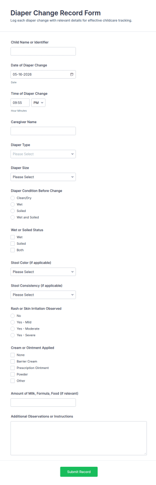 Diaper Change Record Form Template
