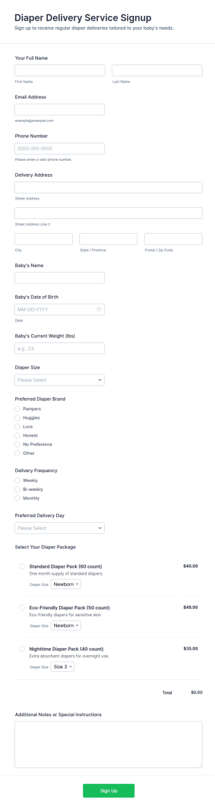 Diaper Delivery Service Signup Form Template