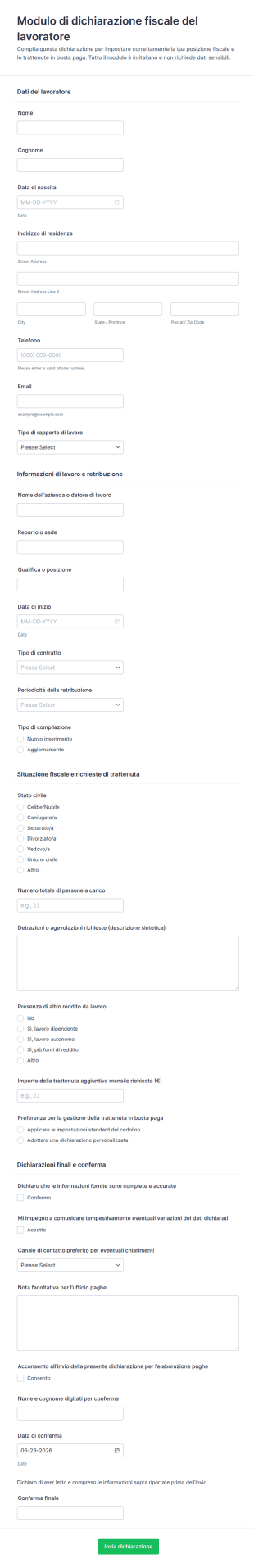 Dichiarazione Dei Dati Fiscali Del Lavoratore