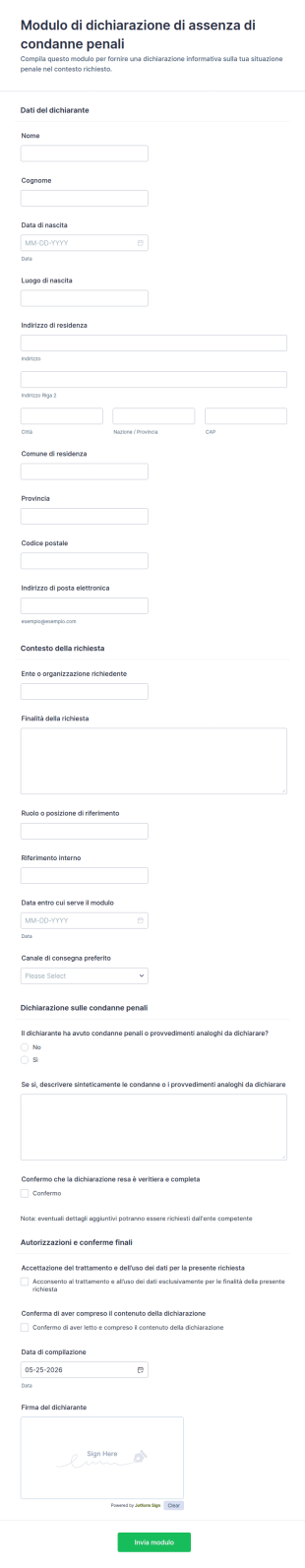 Dichiarazione Di Assenza Di Condanne Penali Form