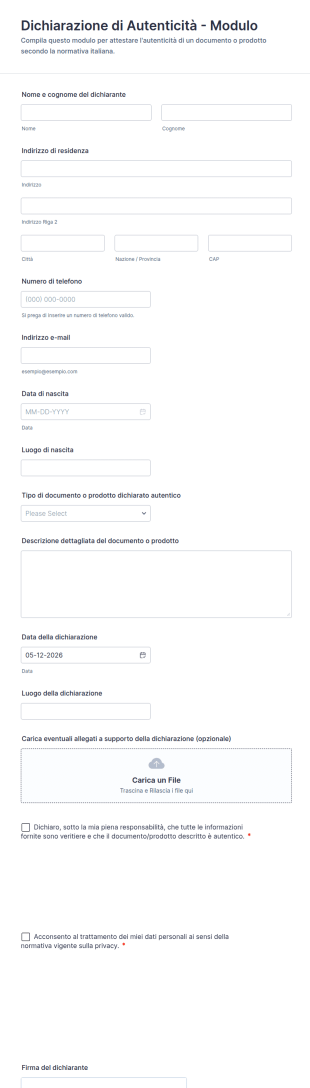 Dichiarazione Di Autenticità Modulo