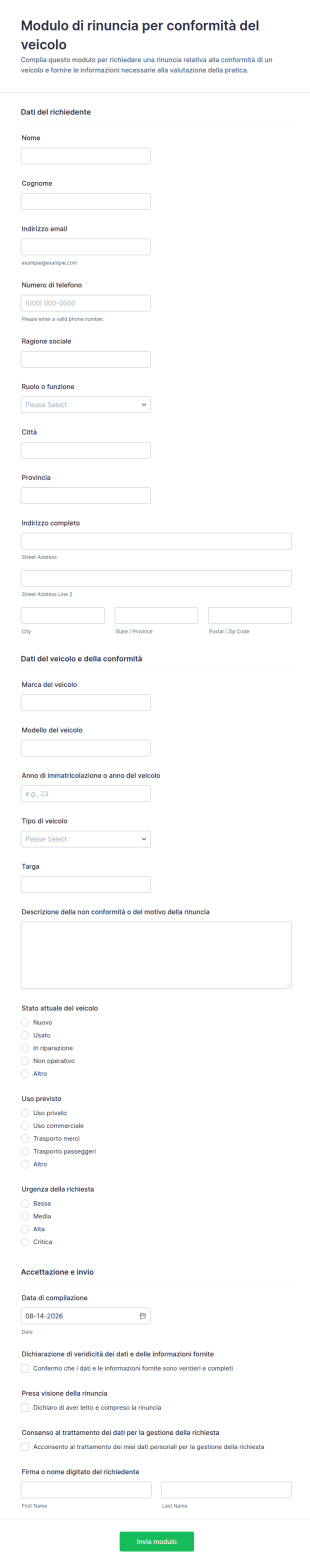 Dichiarazione Di Conformità Del Veicolo