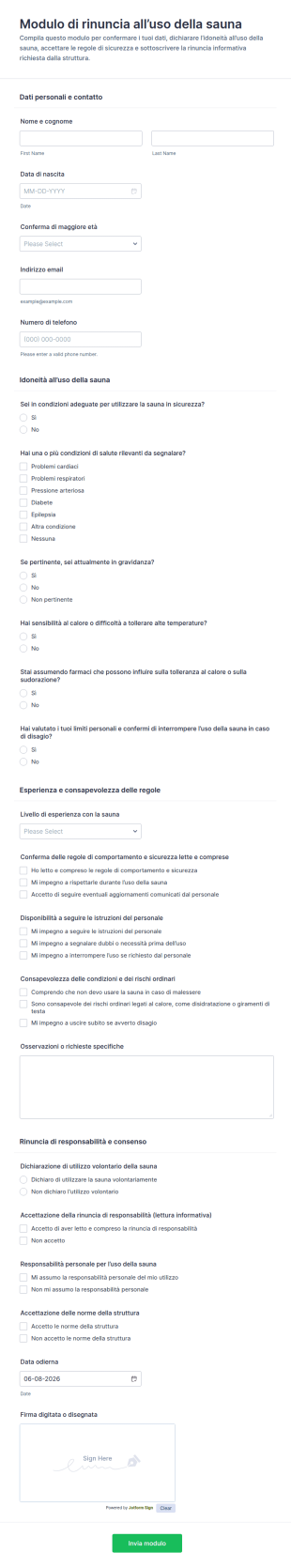 Dichiarazione Di Consenso Per L'uso Della Sauna