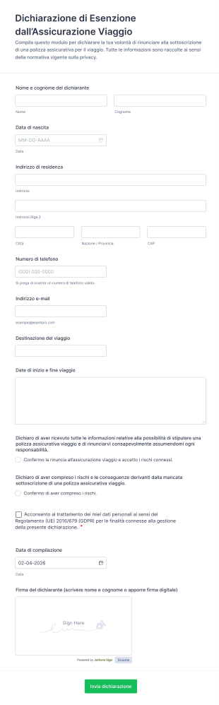 Dichiarazione Di Esenzione Dall’Assicurazione Viaggio