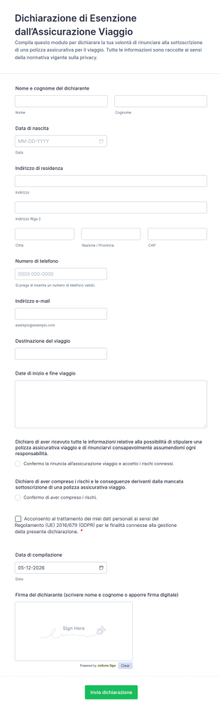 Dichiarazione Di Esenzione Dall’Assicurazione Viaggio