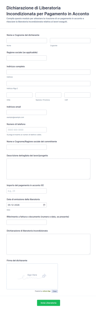Dichiarazione Di Liberatoria Incondizionata Per Pagamento In Acconto