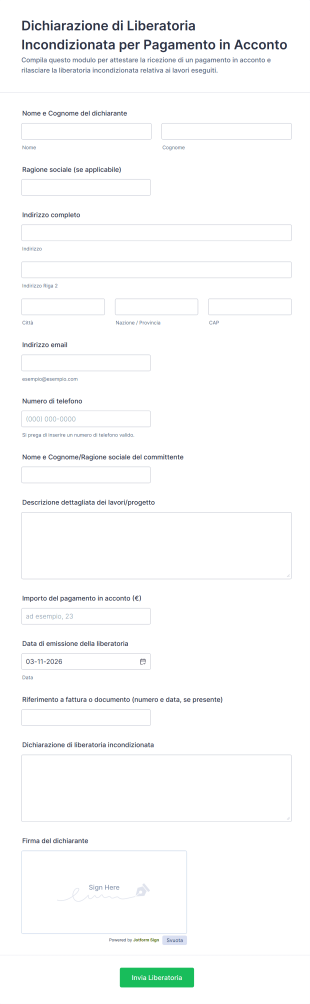Dichiarazione Di Liberatoria Incondizionata Per Pagamento In Acconto