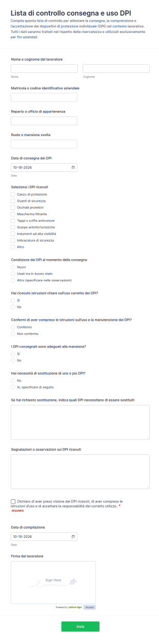 Dichiarazione Di Presa Visione Dei Dispositivi Di Protezione Individuale