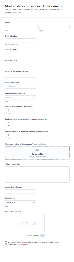 Dichiarazione Di Presa Visione Del Documento Form
