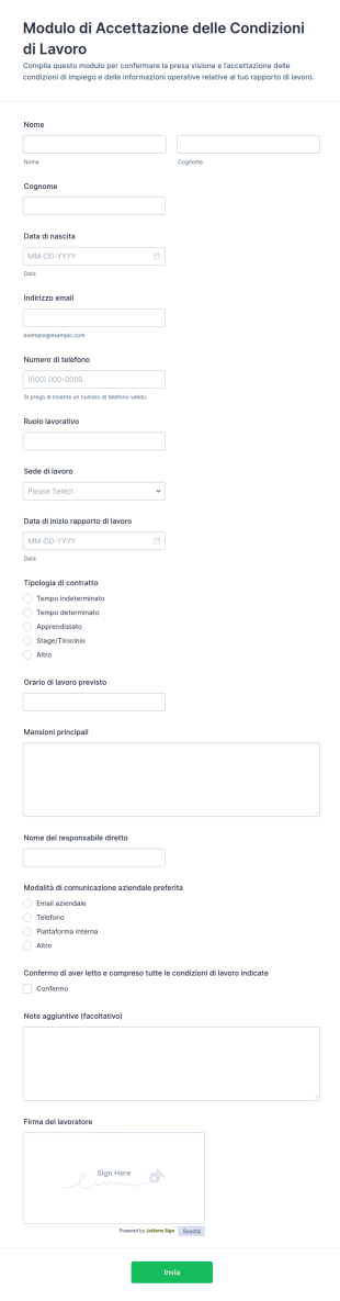 Dichiarazione Di Presa Visione Delle Condizioni Di Lavoro