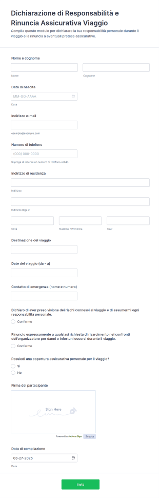Dichiarazione Di Responsabilità E Rinuncia Assicurativa Viaggio