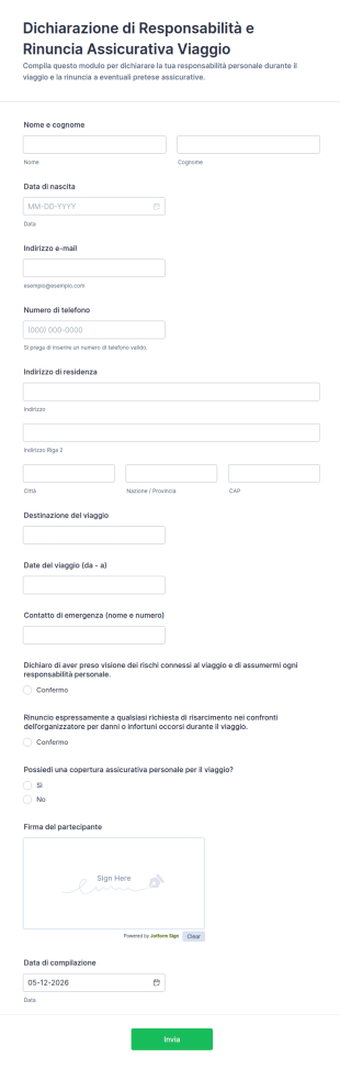 Dichiarazione Di Responsabilità E Rinuncia Assicurativa Viaggio
