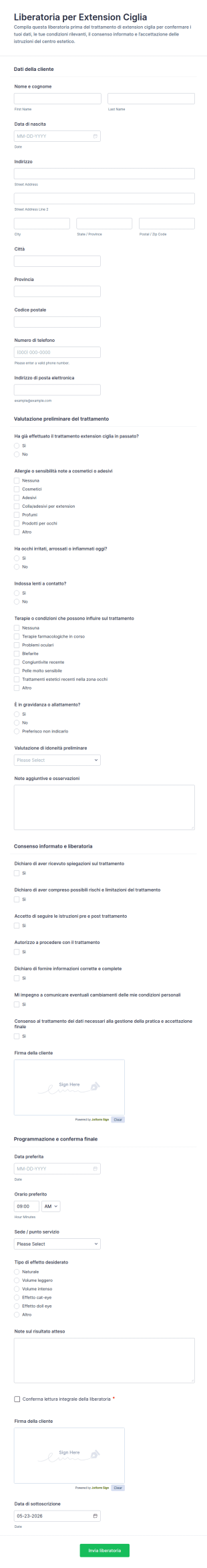 Dichiarazione Di Responsabilità Per Estensioni Ciglia Form