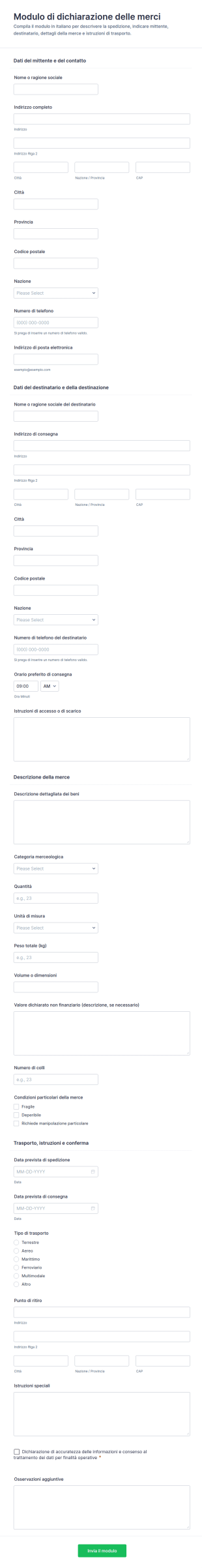 Dichiarazione Spedizione Merci Form