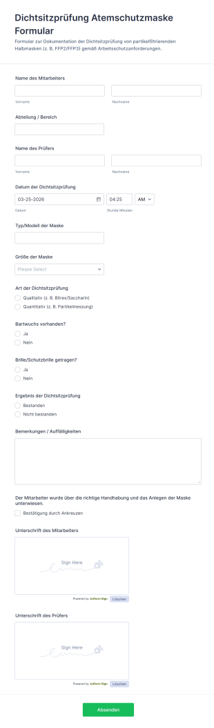 Dichtsitzprüfung Atemschutzmaske Formular