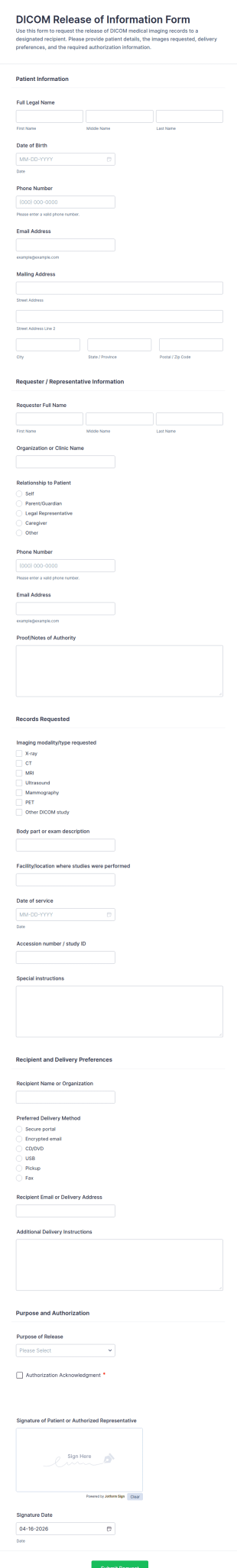 DICOM Release Of Information Form Template