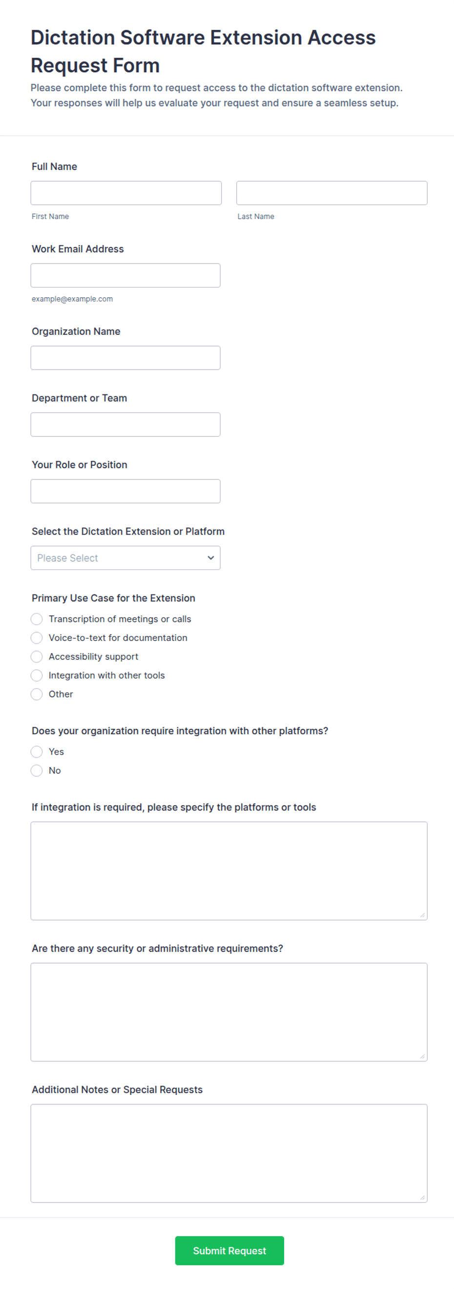 Dictation Software Extension Access Request Form Template | Jotform
