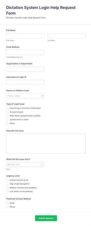 Dictation System Login Help Request Form Template