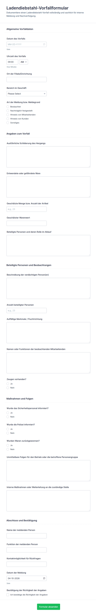 Diebstahlvorfallmeldung Formular
