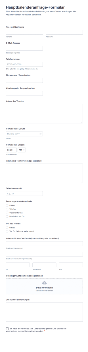 Dienstplanung Kalenderanfrage Formular