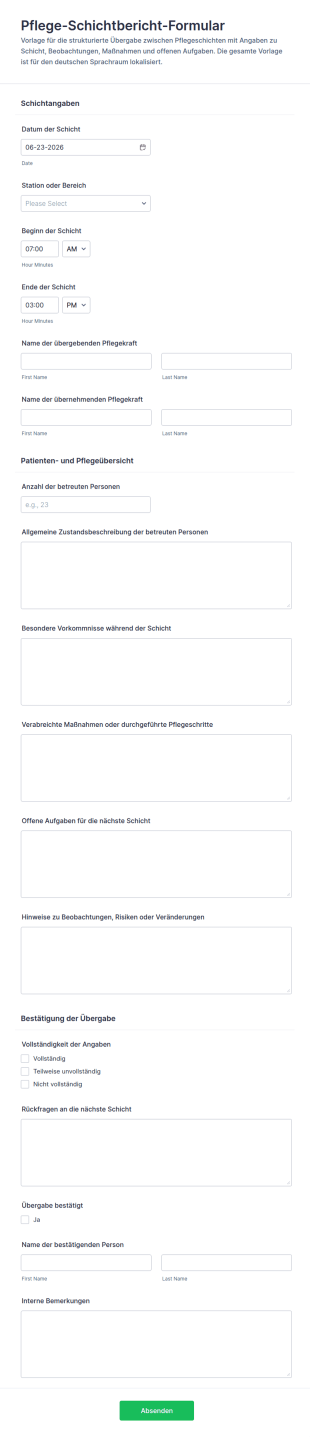 Dienstübergabe Und Schichtbericht Form